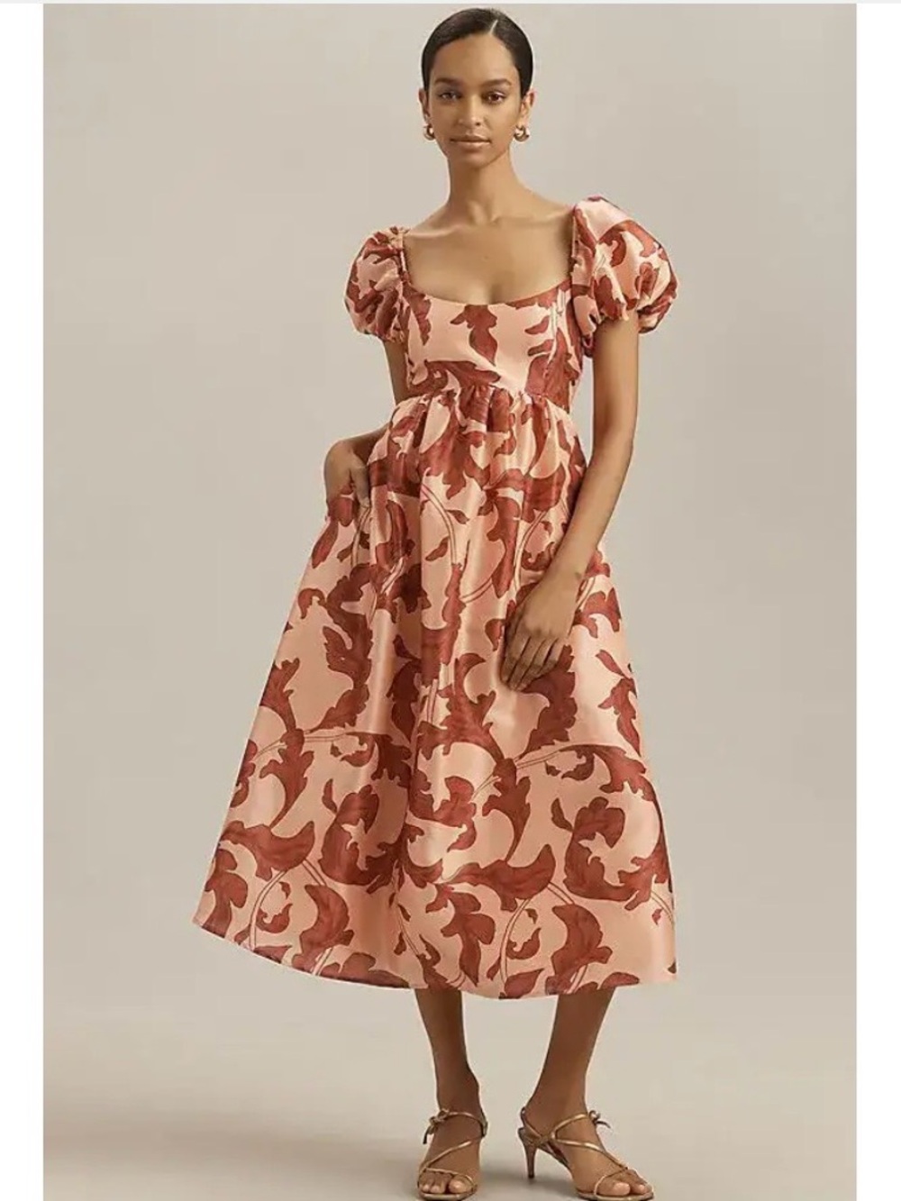 Hatch Blush and Rust Floral-Print Puff-Sleeve Midi Dress